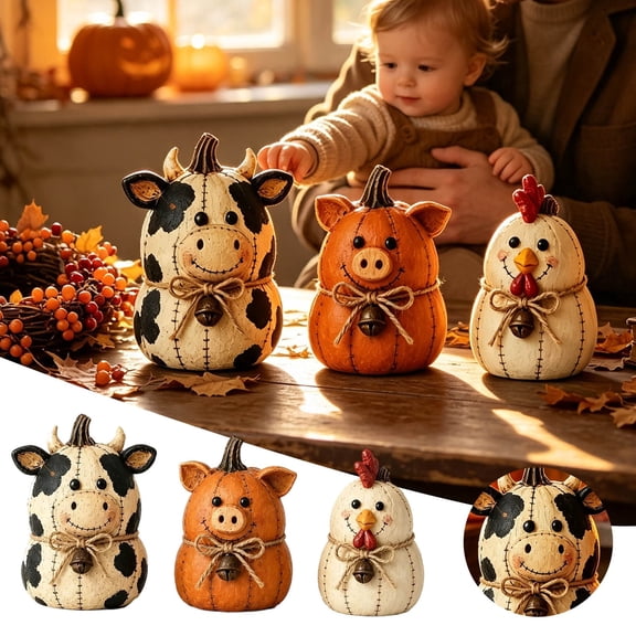 Rustic Farm Pumpkin Friends Decor Set, Cute Cow Pig Chicken Pumpkin Figurines, Halloween Fall Farmhouse Decorations for Mantel Shelf Tabletop Kitchen Counter, Thanksgiving Display