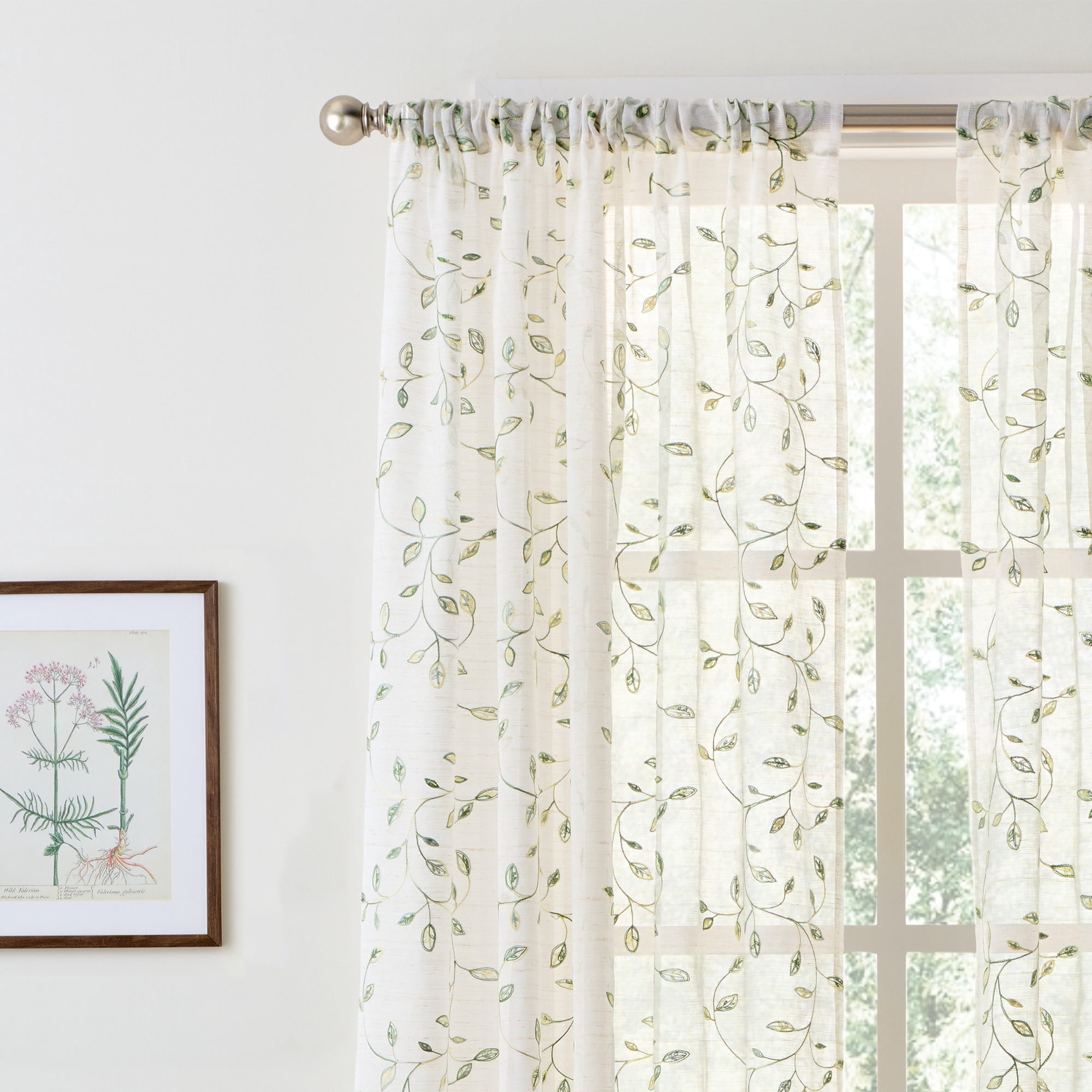 Martha Stewart Durham Embroidery Curtain Panel Pair, White/ Green, Rod Pocket, Sheer, Indoor, Adult, 2 Piece Set, 50" x 63"