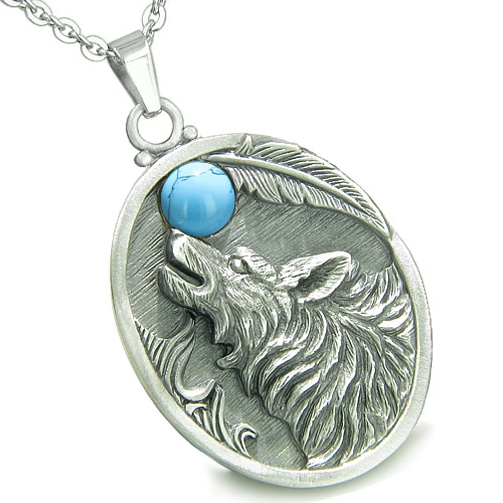 Amulet Courage Howling Wolf Simulated Turquoise Moon Pendant 22 Inch Necklace 