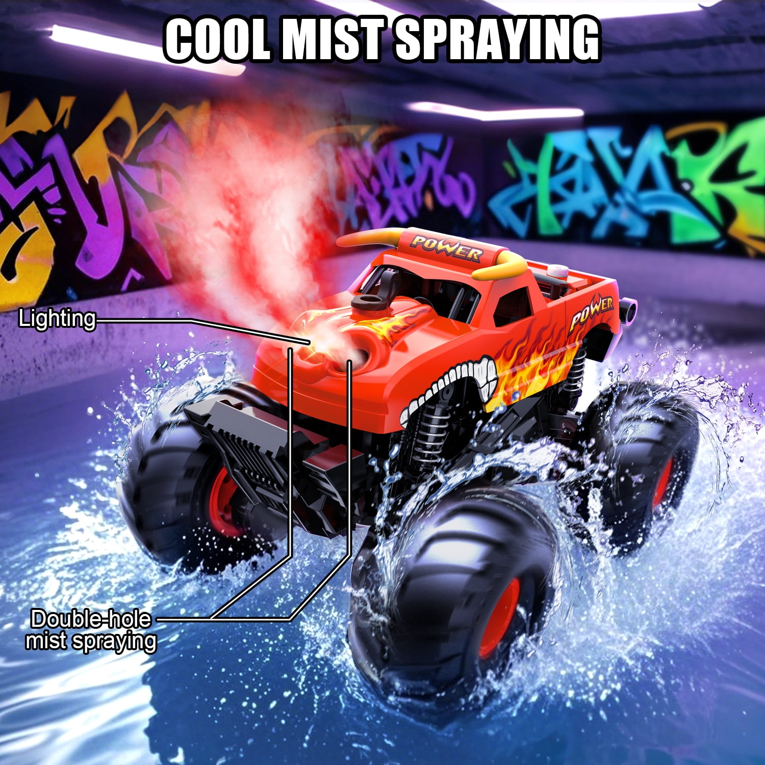 Fistone Amphibious Remote Control Car, 2.4GHz RC Monster Truck with Spray and Light, 4WD All-terrian Off-Road Amphibious Vehicle Toy Gifts for Kids Boys/Girls Age 6+
