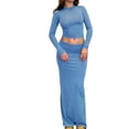thumbnail image 3 of Michellecmm  Women Fall Skirts Outfits Solid Color Crew Neck T-Shirts Long Skirts, 3 of 6