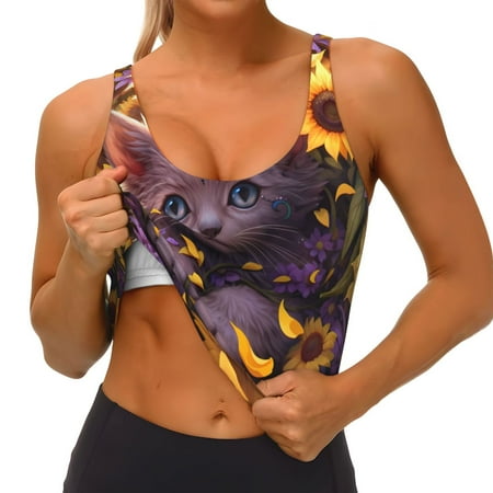 Qokaie Sunshine Cute Cat Sunflower Pattern Womens Scoop Neck Sports Bra Breathable Workout Vest Padded U Back Medium Impact Fitness Gym Yoga Bra Workout Crop Top