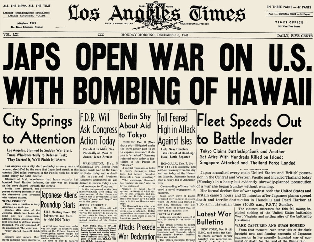 Pearl Harbor Headline 1941./Nthe Front Page Of The Los Angeles Times, 8 December 1941 ...