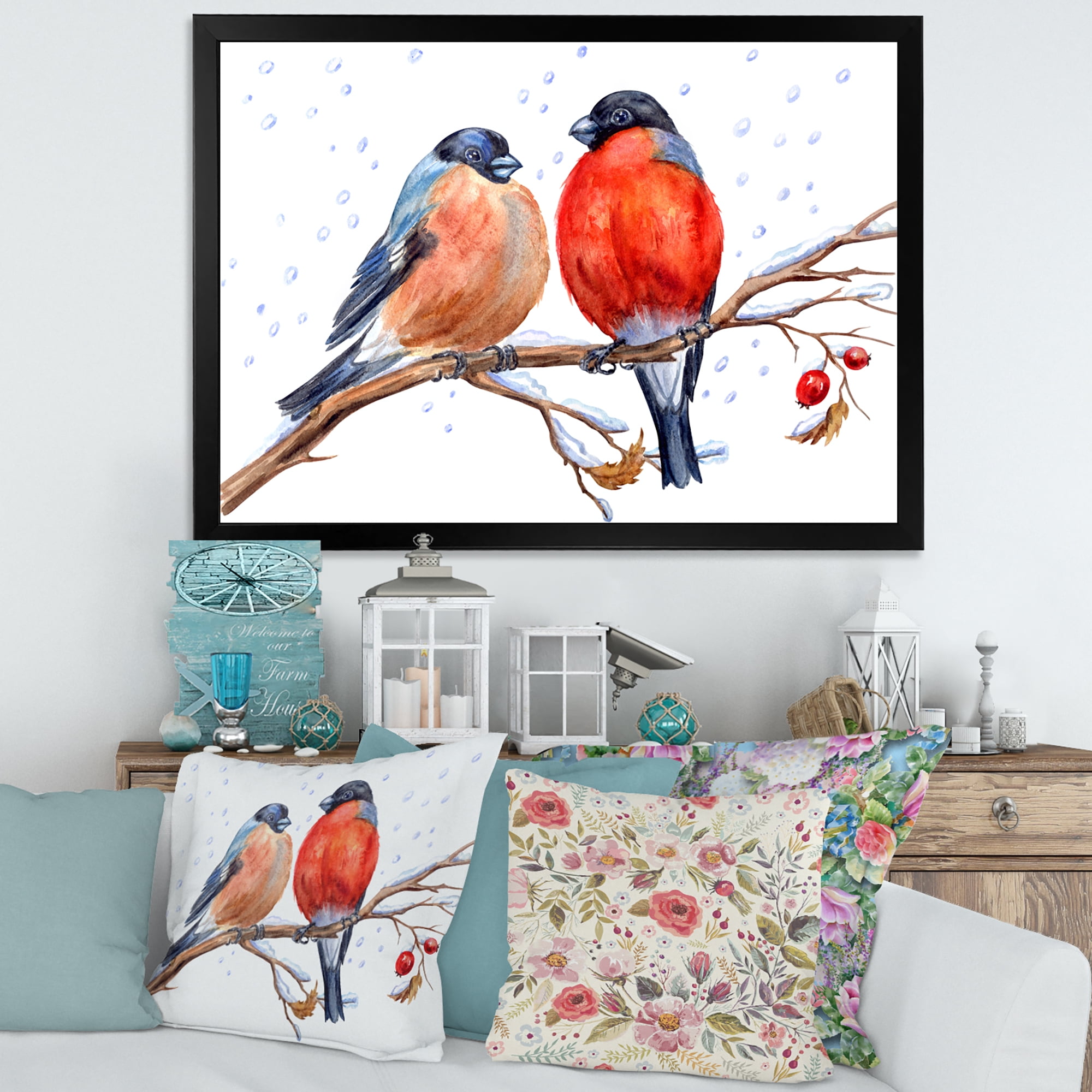 Designart 'Two Bullfinches On A Hawthorn Branch with Snowfall In Winter' Traditional Framed Art Print