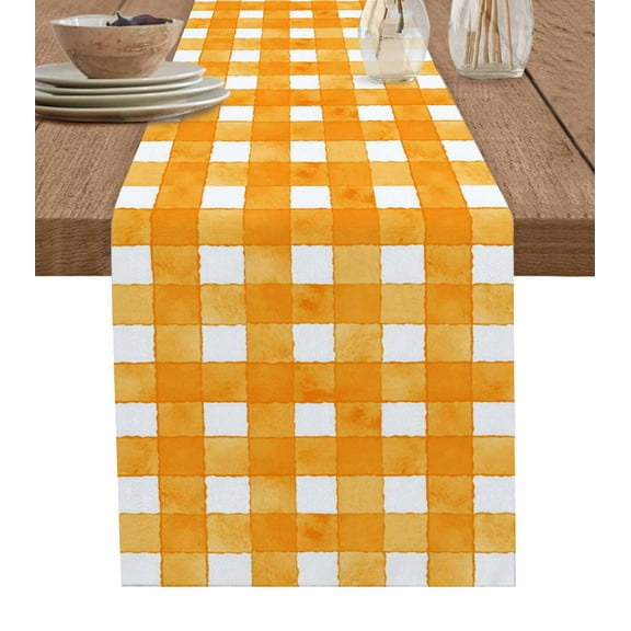 ERUNPONLY Orange Plaid Table Runner - 72 Inch Long Watercolor Grid Checker Gingham Farmhouse Cotton and Linen Blended Dress Scarves Farmhouse Table Runner for Kitchen Dining, Coffee Table, 14"x72"