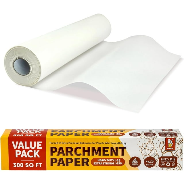 Katbite Rouleau de Papier Parchemin 15 Po x 242 Pi, Emballage Économique de 300 Pi2 pour la Cuisson, Papier Parchemin de Cuisson avec Coupeur Dentelé, Rouleau de Papier Parchemin Robuste et Emballage Économique pour la Cuisson, Friteuse à Air Chaud, Cuisson à la Vapeur, Pain