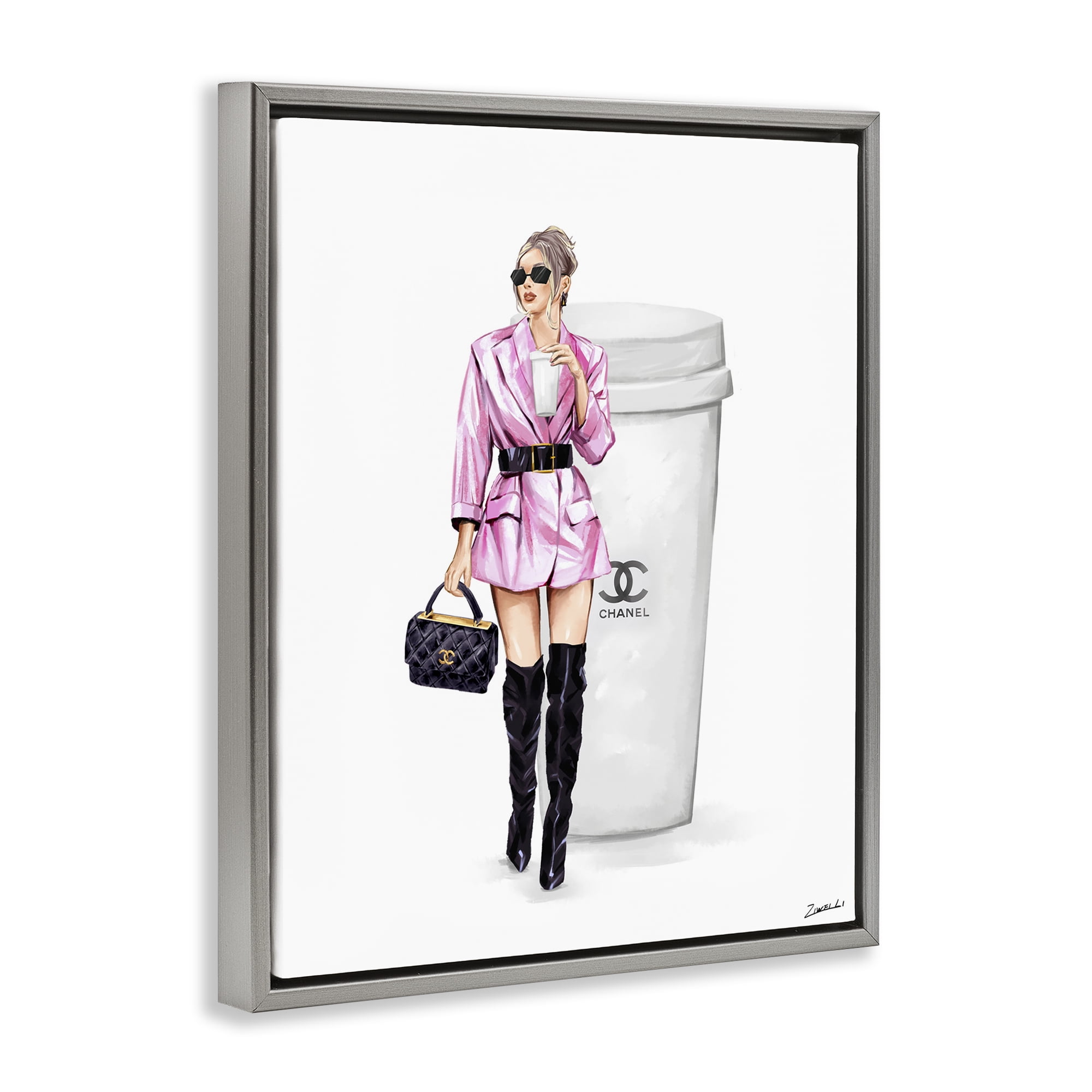 Stupell Industries Trendy Girl with Coffee Novelty Painting Gray Floater Framed Art Print Wall Art, 25 x 31