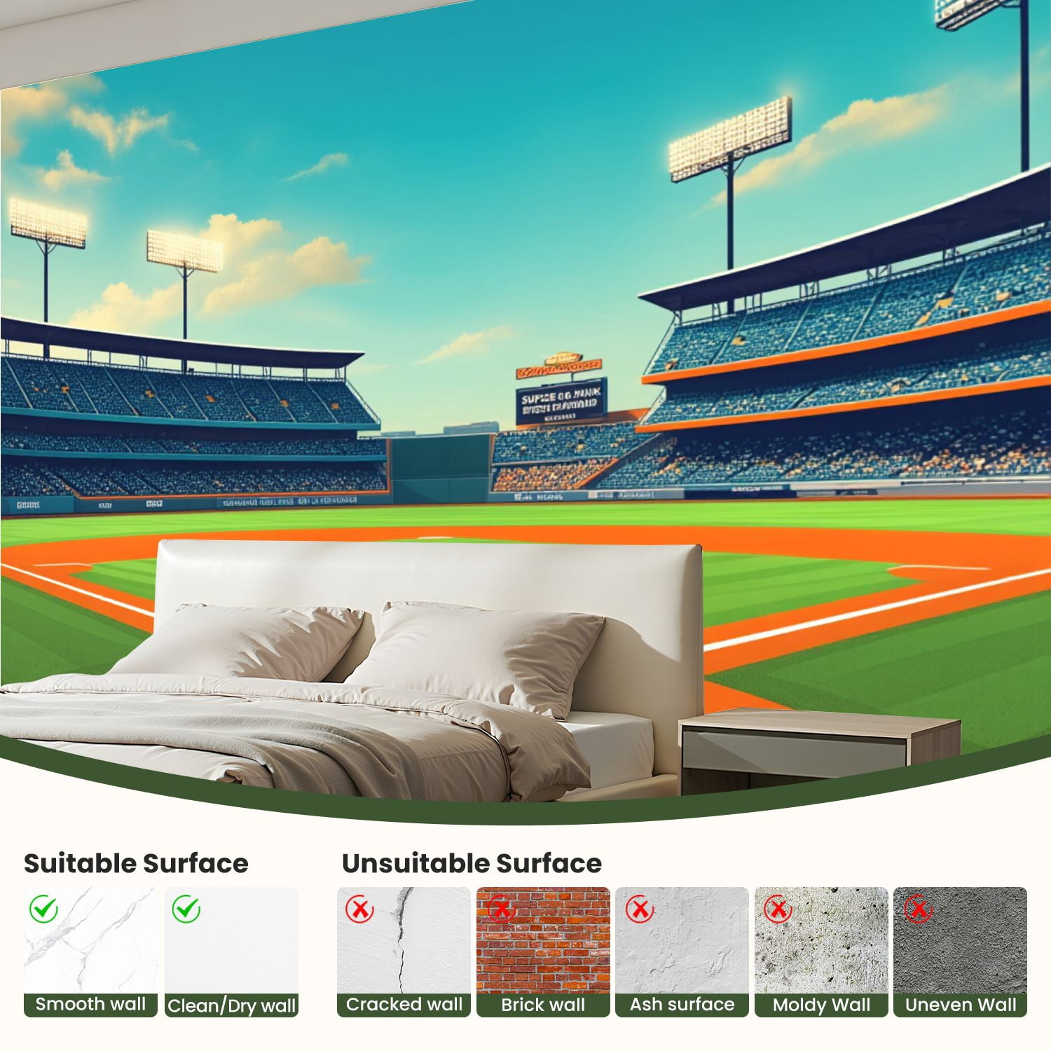 69"x98" Wall Mural Peel and Stick Wallpaper Baseball Stadium Bright Sky Empty Seats Wall Decor Self Adhesive Removable Wall Stickers for Bedroom Living Room