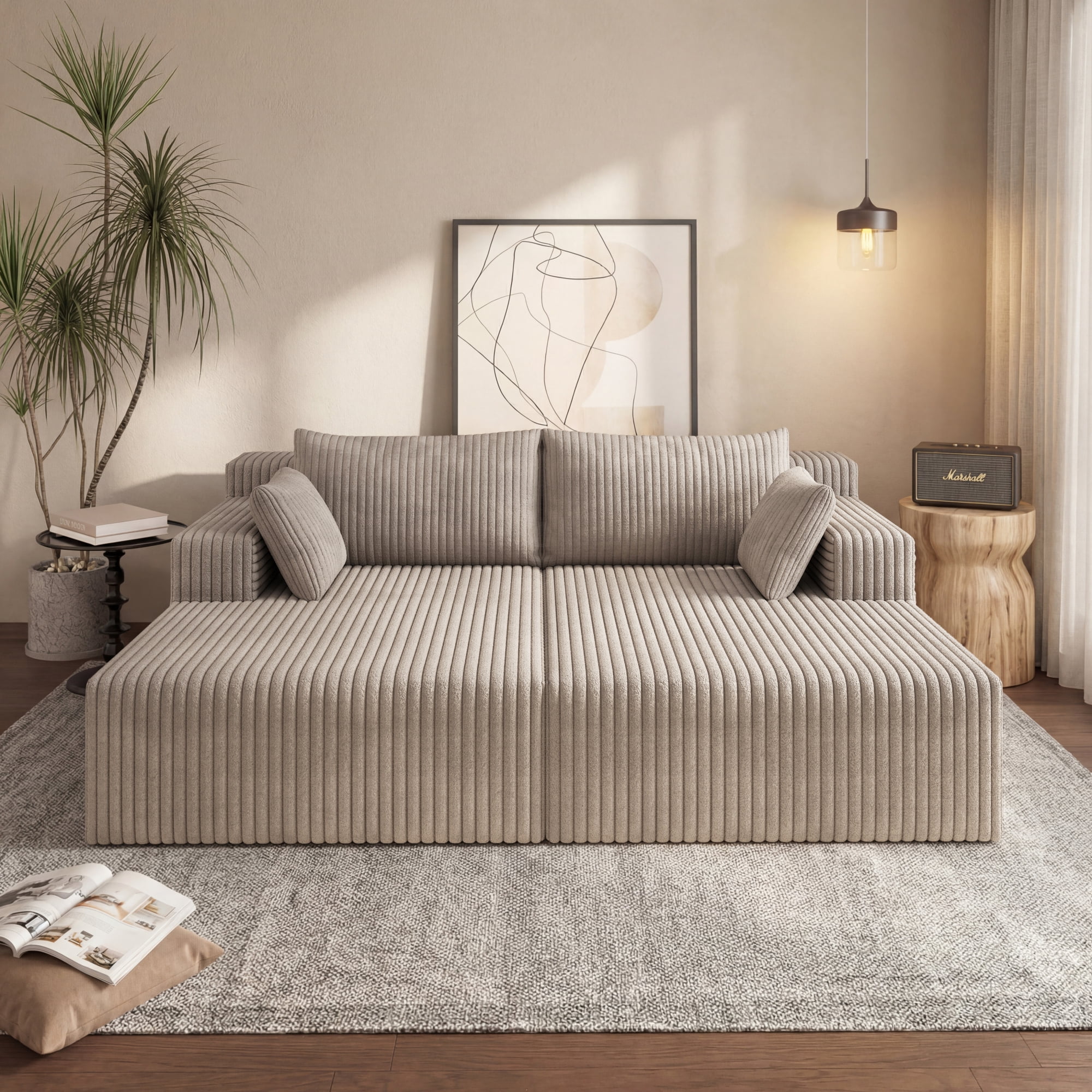 HOQBN 71" Oversized Double Chaise Lounges Indoor,Upholstered Corduroy Boneless Couch with 4 Pillows,Reading Lazy Cloud Plush Sofa Bed for Living Room, Bedroom,No Assembly,Camel