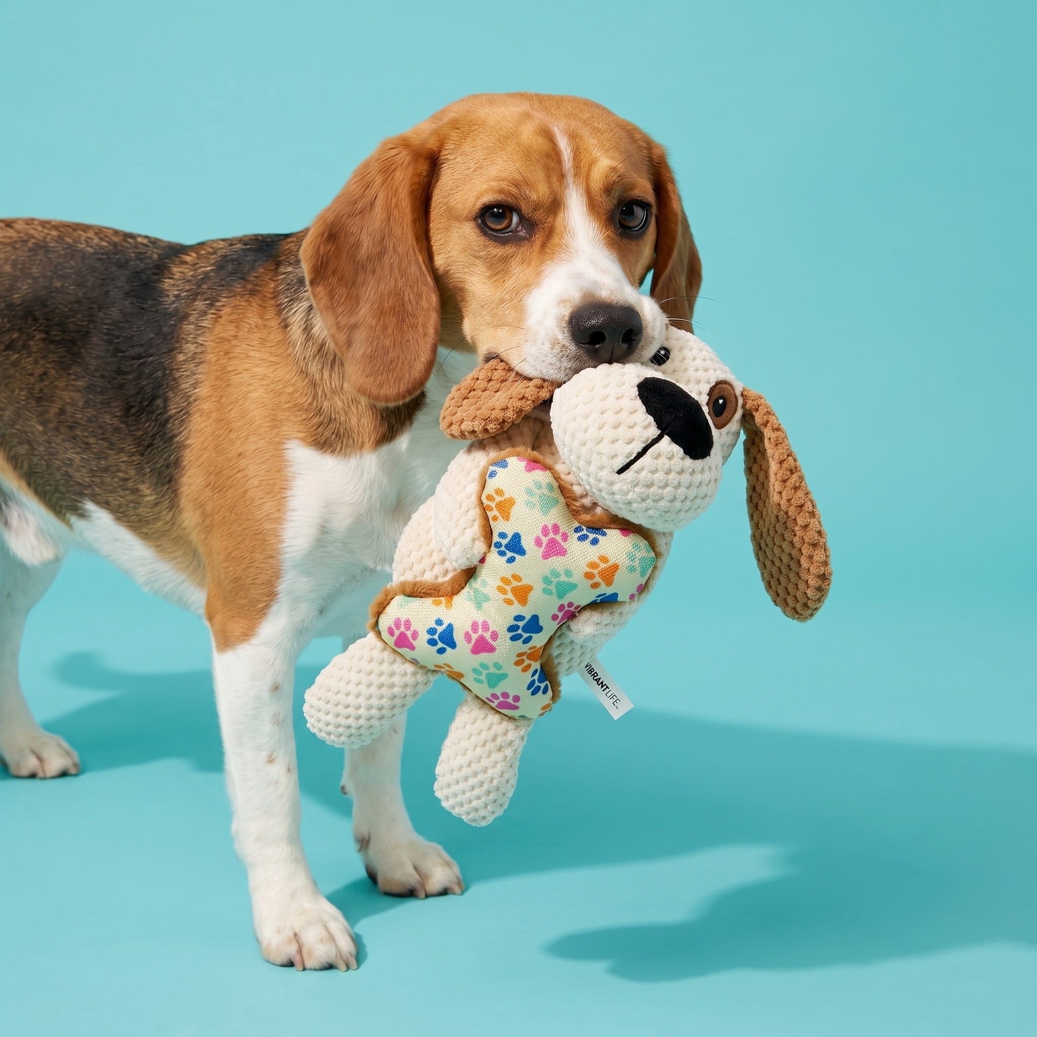 Vibrant Life Brown Dog with Bone Plush Dog Toy with Squeaker, Chew Level 4