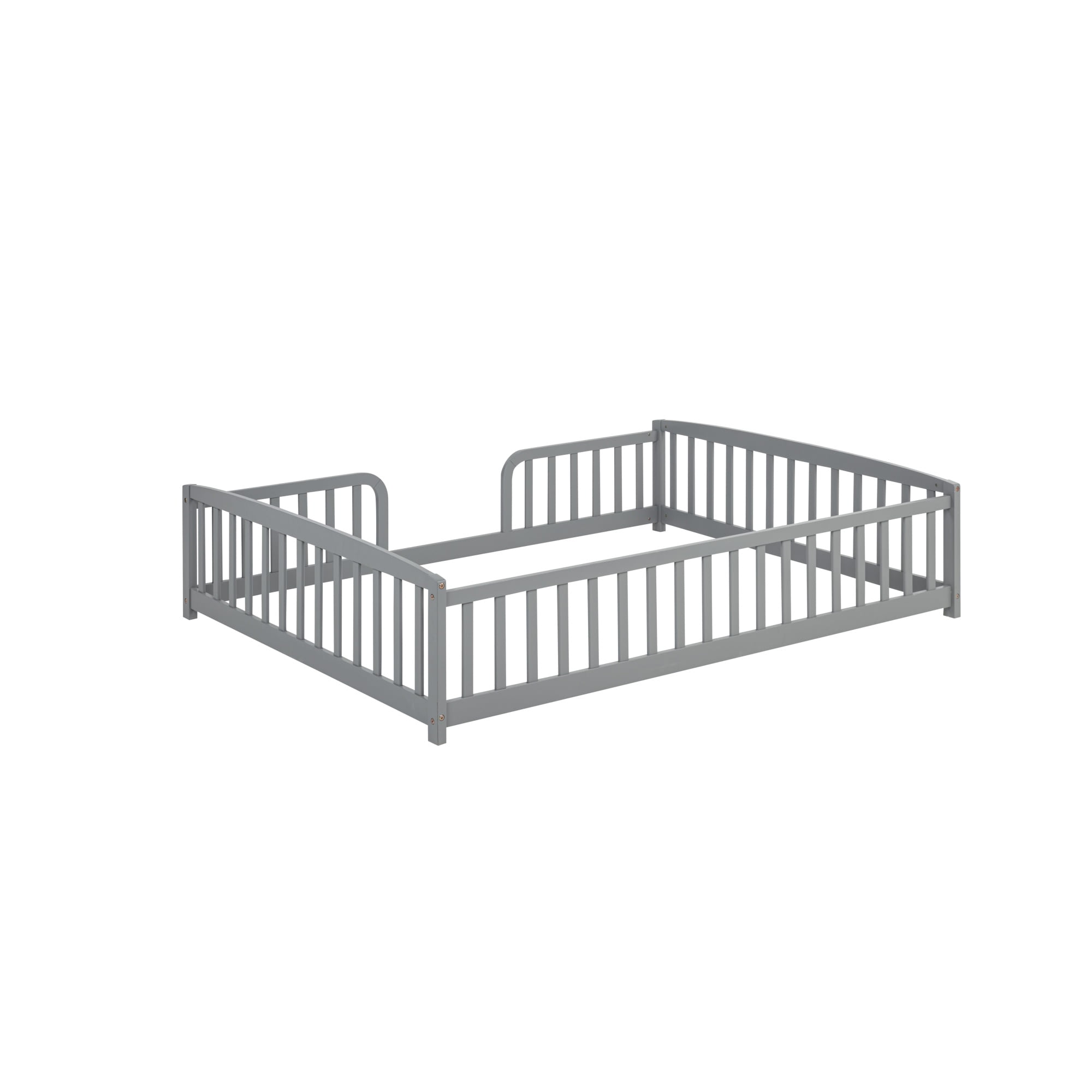Jopath Full Size Floor Fence Bed with Central Entrance,Pine Wood Floor bed with Guardrails for Boys Girls Grey