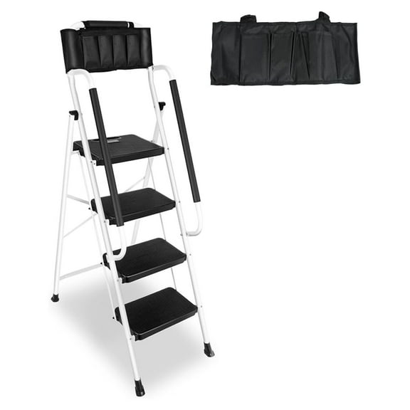 4 with Handrails & Attachable Tool Bag, 330 lbs Folding Step Stool Ladder, Wide Non-Slip Pedal for Kitchen Pantry Home Office, White