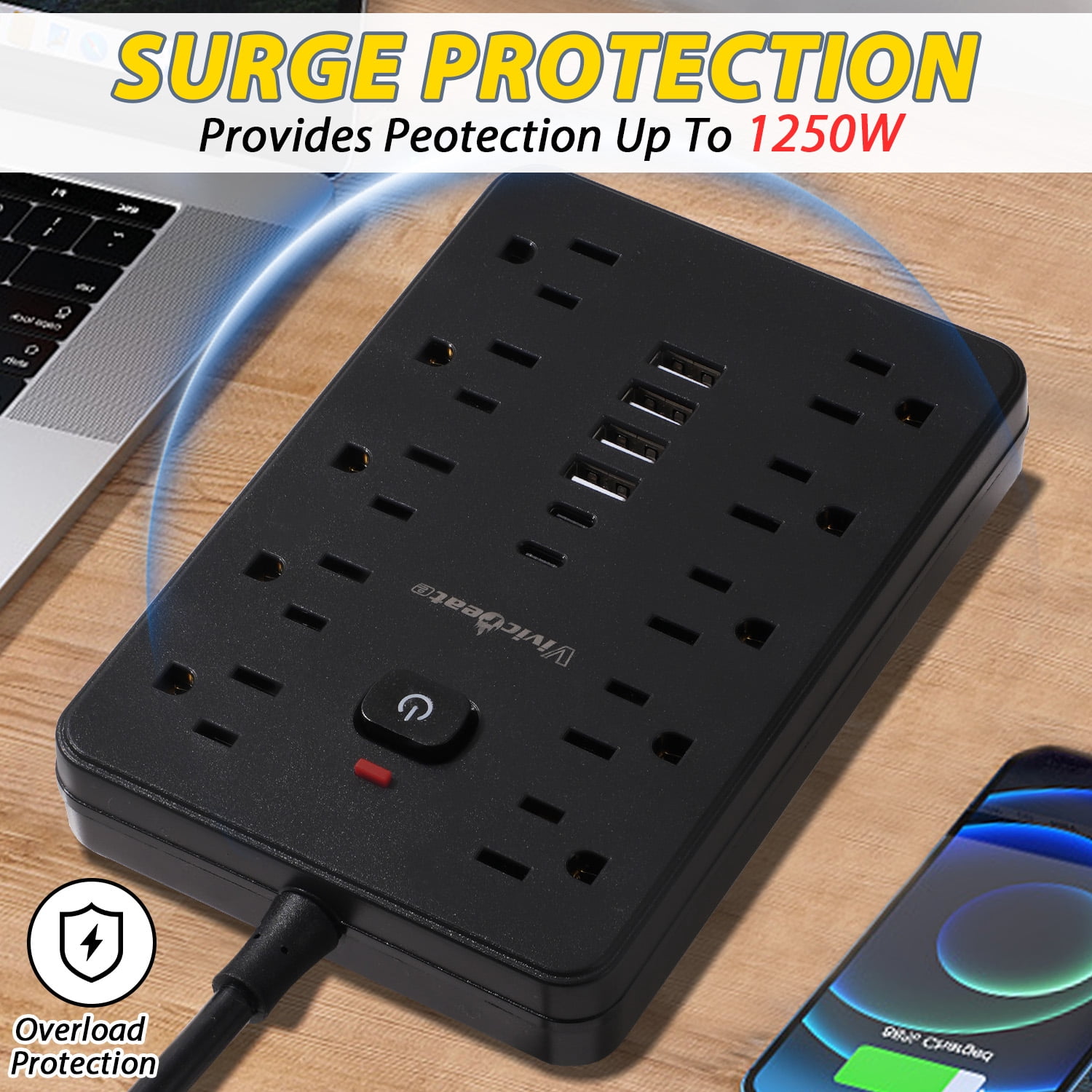 Vivicreate 16-in-1 Power Strip with 10 AC Outlets, 4 USB-A & 2 USB-C Ports, Flat Plug Short Extension Cord, Compact Surge Protector for Home, Office, Desk & Travel