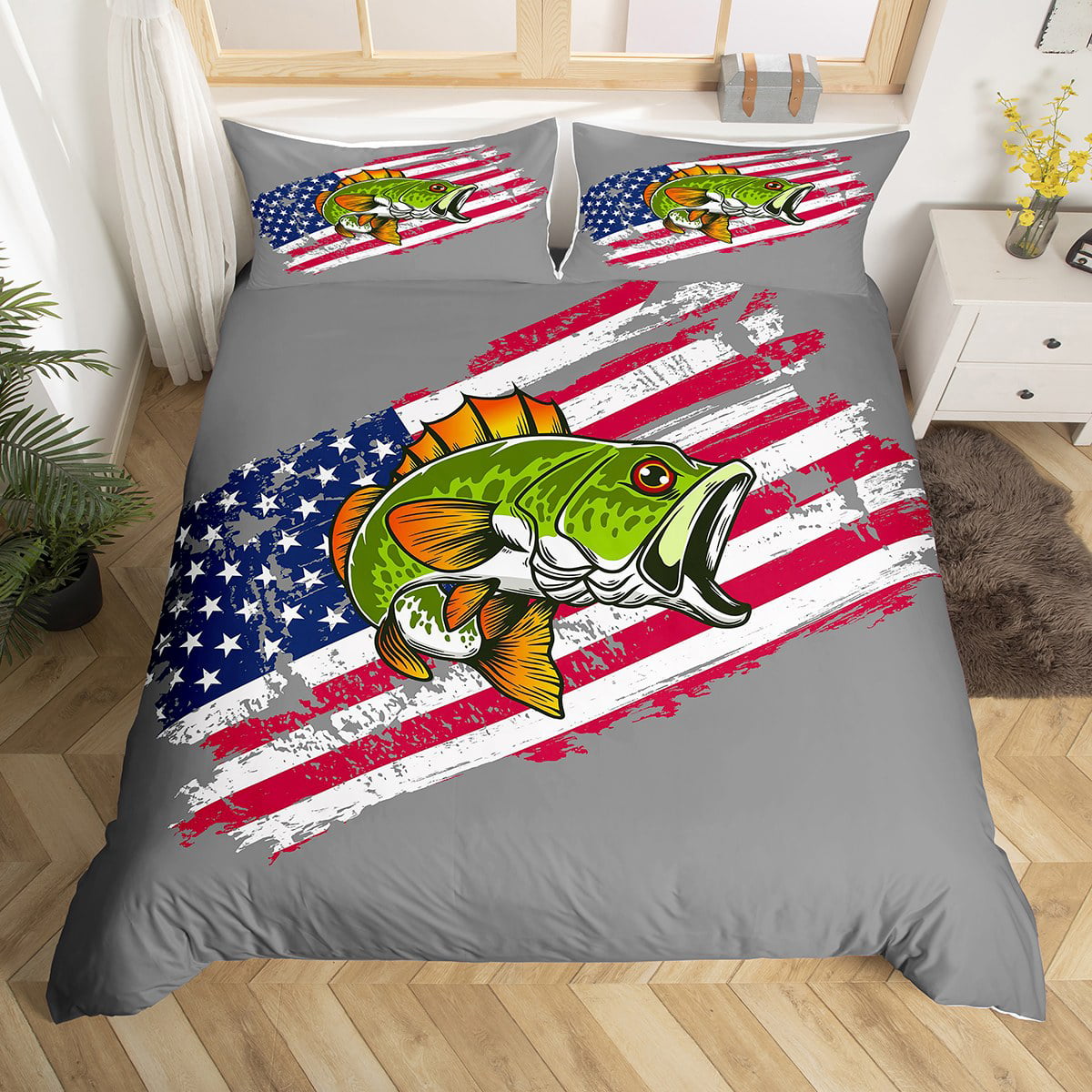 YST American Flag Fishing Comforter Cover Queen Size Big Bass Fish Bedding  Set Fishing Flag Duvet Cover For Kids Boys Girls,Rustic River Fish Quilt  Cover With 2 Pillow Cases Grey 