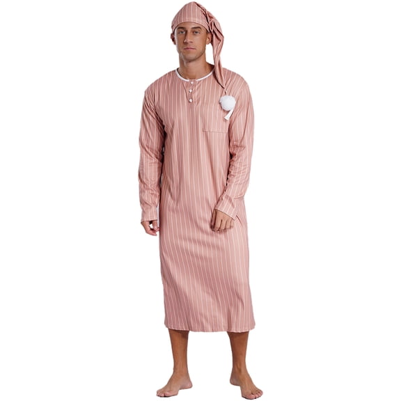 YiZYiF Men's Striped Loose Sleepwear Long Sleeve Sleep Robe Night Pajama Set with Sleeping Cap Khaki L