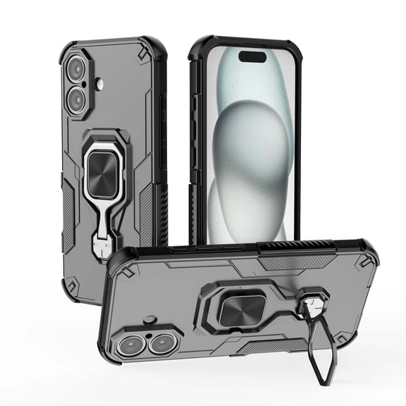 Military Grade Protective Case for iPhone 17, Heavy Duty Phone Cover with 360 Degree Metal Ring Holder and Kickstand, Shockproof Bumper Hybrid Case for Women and Men, Black