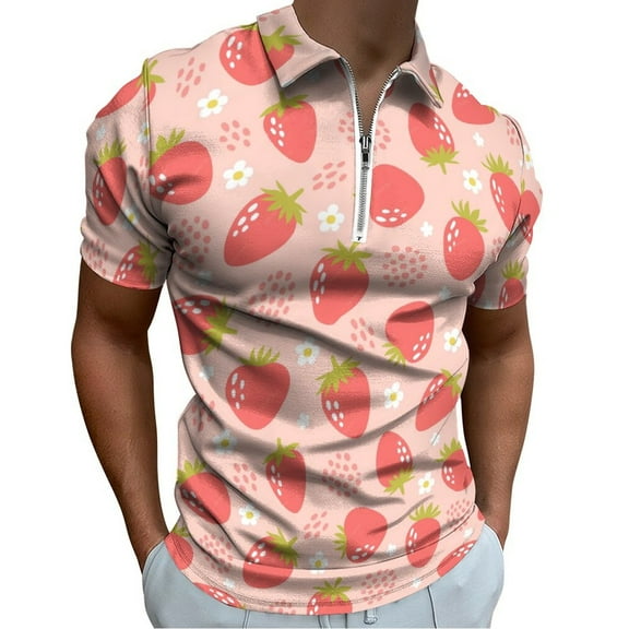 Strawberries Colorful Pink Red Green Men Zipper T-shirt Summer Casual Short Sleeve T-shirt Top