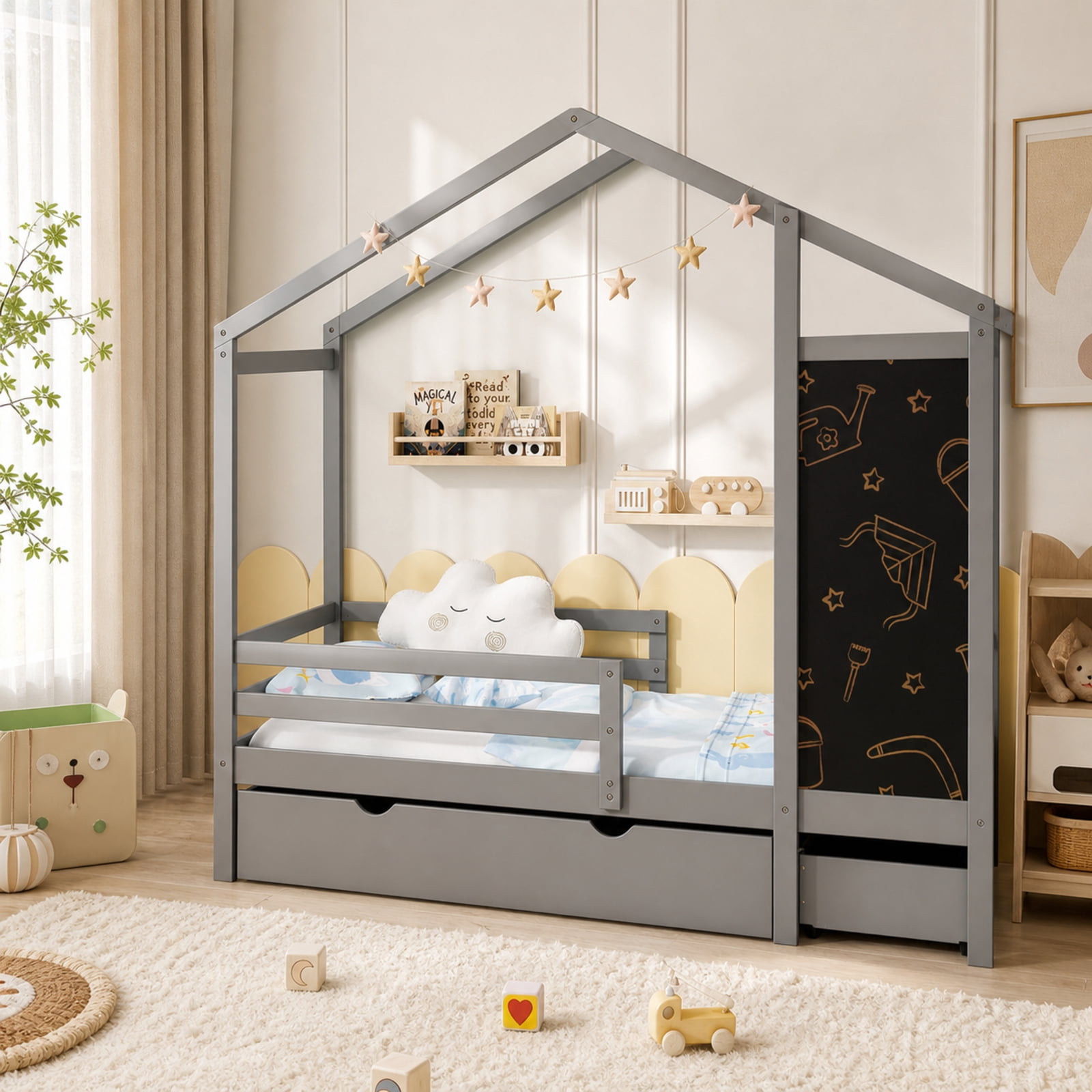 Furnibear Twin House Bed with Interactive Blackboard 2 Large Storage Drawers Rolling Casters Solid Pine Wood Frame and High Guardrails, Gray