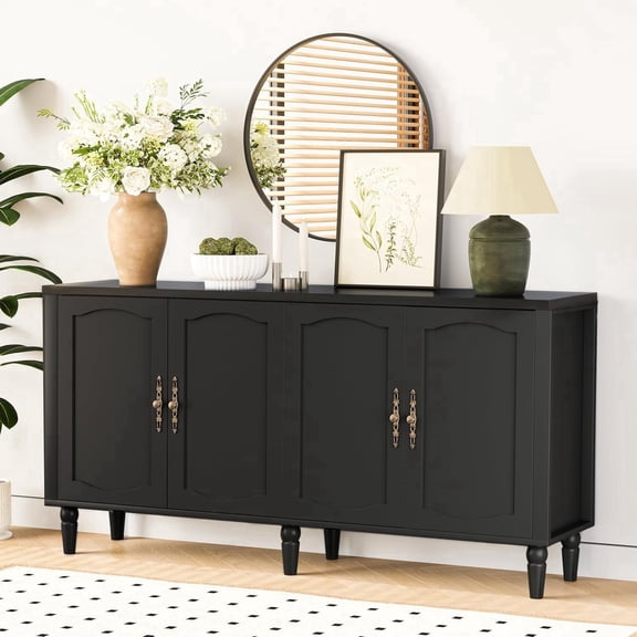 POAO 63" Sideboard Buffet Cabinet with Storage, Adjustable Shelf & 4 Doors Credenza,Mid Century Modern Sideboard for Dining Room Living Room Black
