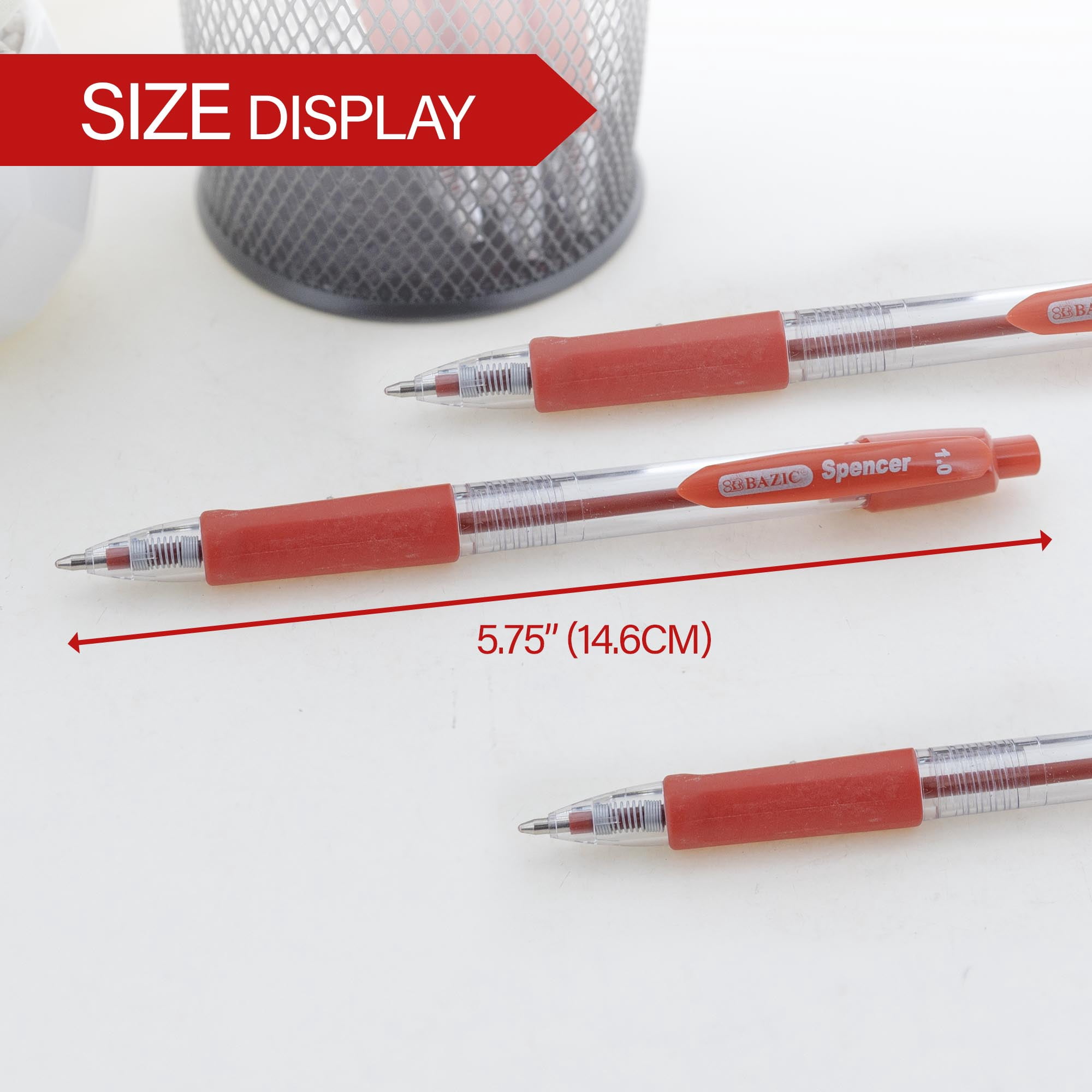 BAZIC Spencer Red Retractable Pen w/ Cushion Grip (5/Pack) 1.0 mm, 24-Pack