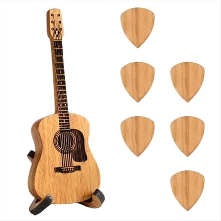 Wooden Guitar Pick Box with Stand - 6PCS Picks,Mini Storage for Guitarists,Musician Engraved