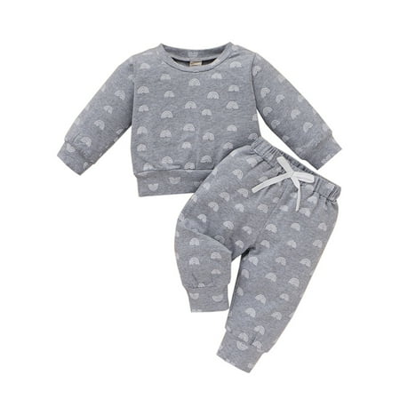 

Grianlook Baby Cute Lace Up Sweatshirts + Pant Beam Foot Crew Neck Spring Outfits Holiday Rainbow Print 2Pcs Outfit Suit