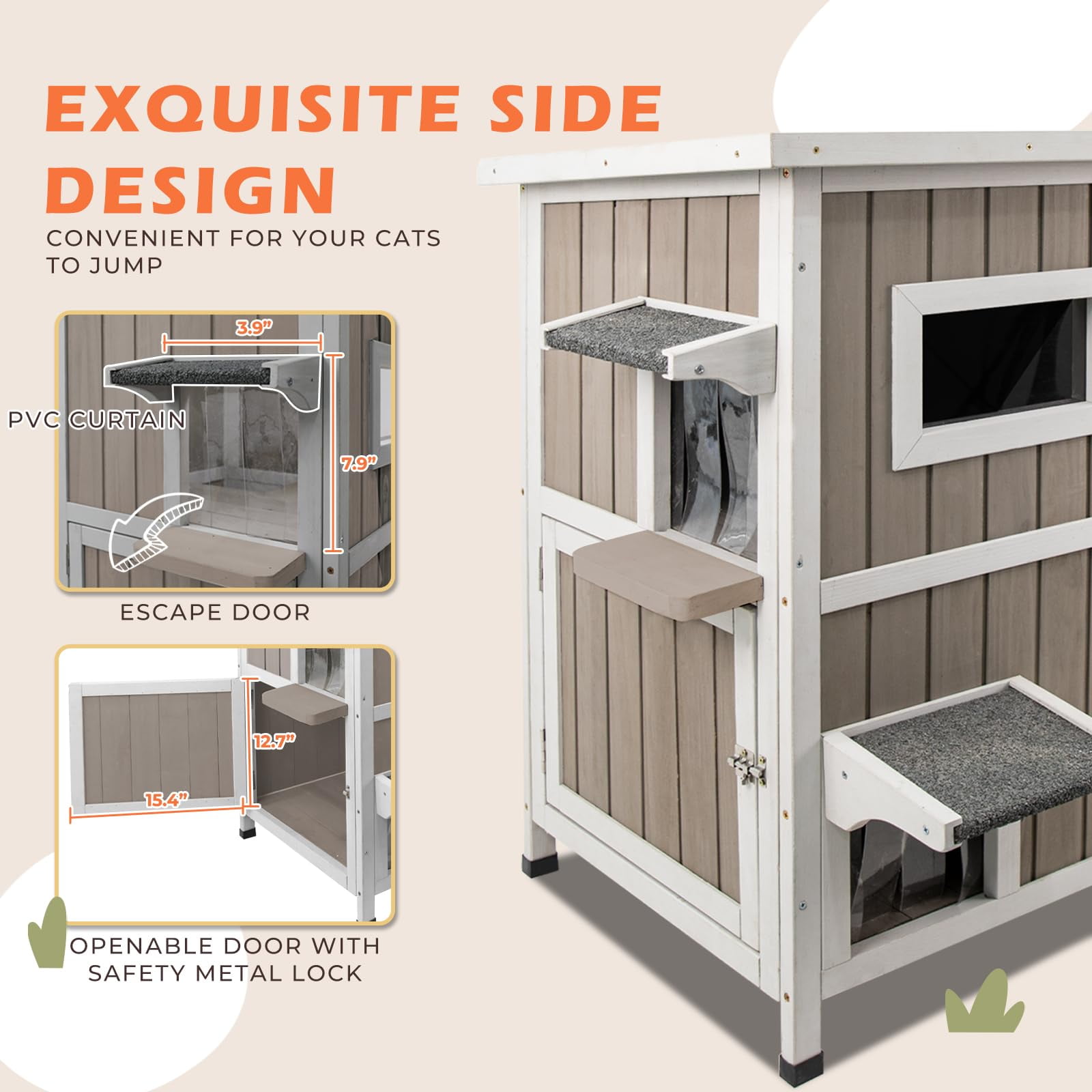 Gowoodhut 36.1" L Outdoor Cat House, 2 Story Wooden Outdoor Cat Shelter with 3 Escape Doors