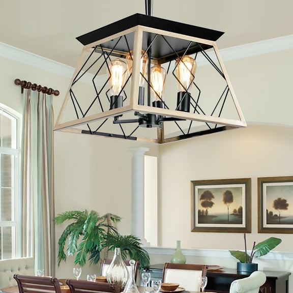 4-Light Farmhouse Vintage Chandelier, Rustic Pendant Light, with Faux Wood Finish, Adjustable Chain Industrial Fixture for Dining Room, Foyer, Kitchen Island, Oak E26 Base