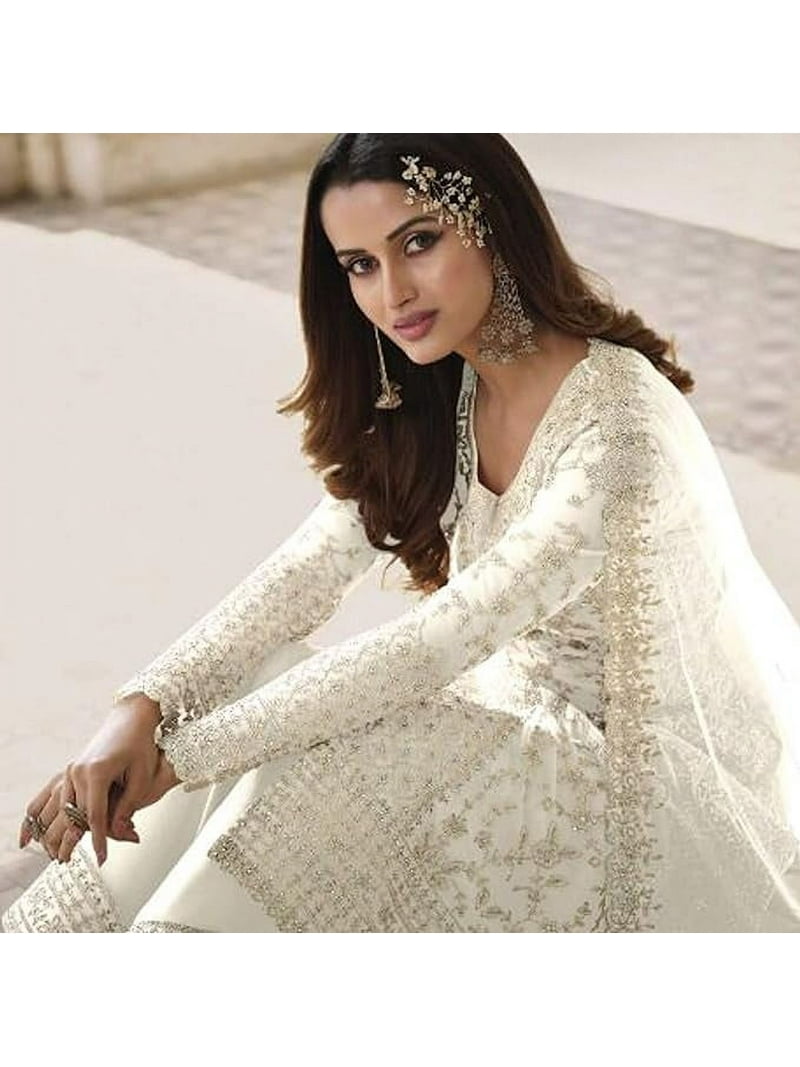 Engagement Wear Indian Shalwar Kameez Suits Pakistani Designer Palazzo Dress  ( White, XXL - 46 )