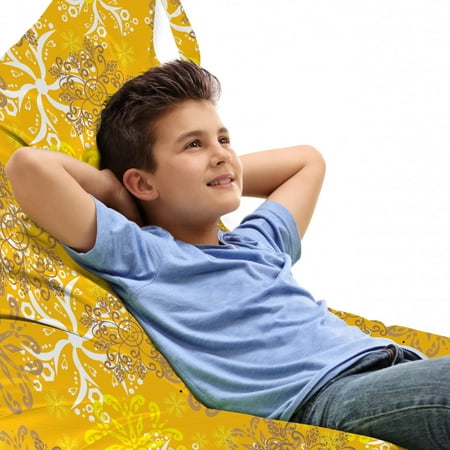 

Yellow and White Lounger Chair Bag Snowflakes Design with Swirls and Curves on Yellow Toned Backdrop High Capacity Storage with Handle Container Lounger Size Marigold Yellow Tan by Ambesonne