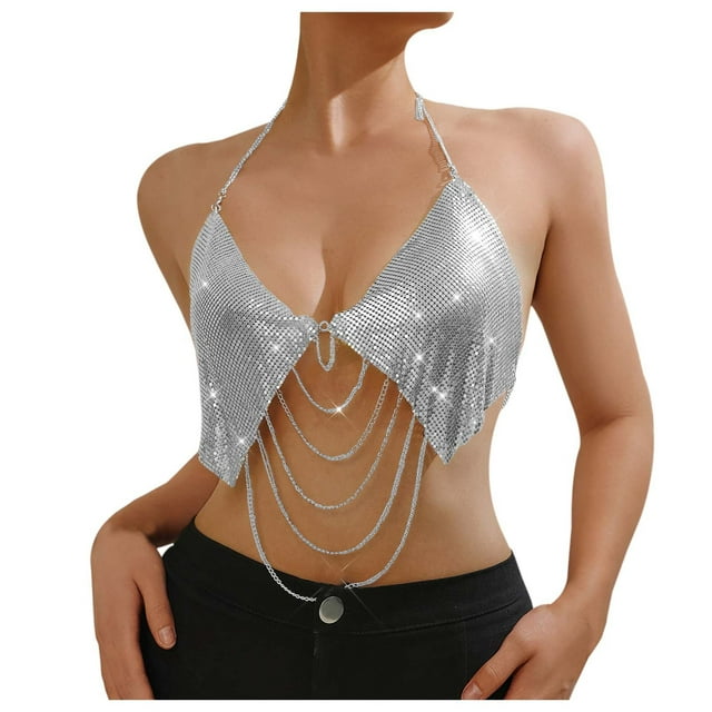 Women's Sexy Chain Metal Rhinestone Tank Top Backless Party Evening Wear Shimmering Embellished