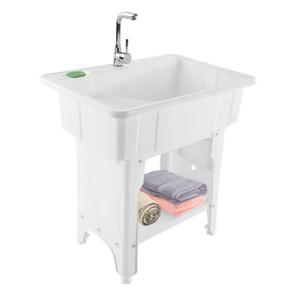 Freestanding Plastic Laundry Sink with 360° Faucet and Movable Washboard
