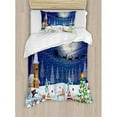 thumbnail image 3 of Christmas King Size Duvet Cover Set, Winter Season Snowman Xmas Tree Santa Sleigh Moon Present Boxes Snow and Stars, Decorative 3 Piece Bedding Set with 2 Pillow Shams, Blue White, by Ambesonne, 3 of 3