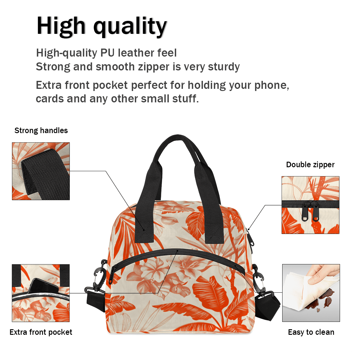 Herdesigns Leaves Leaf Insulated Lunch Bag for Women Men Adults Large Reusable Lunch Box Orange Leakproof Cooler Tote Bags with Adjustable Shoulder Strap