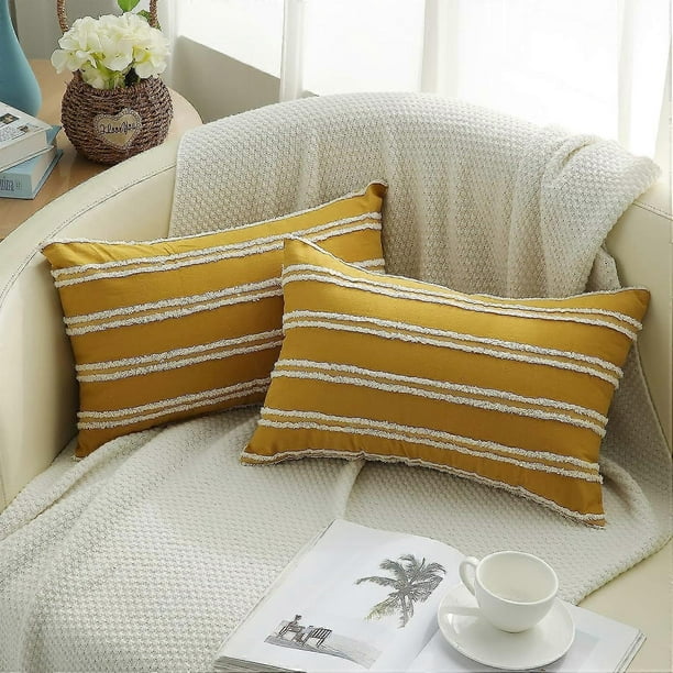 Bohemian pillowcase 12x20 sets, neutral stripe pillowcase, yellow cotton linen waist pillowcase, used for sofas and living rooms