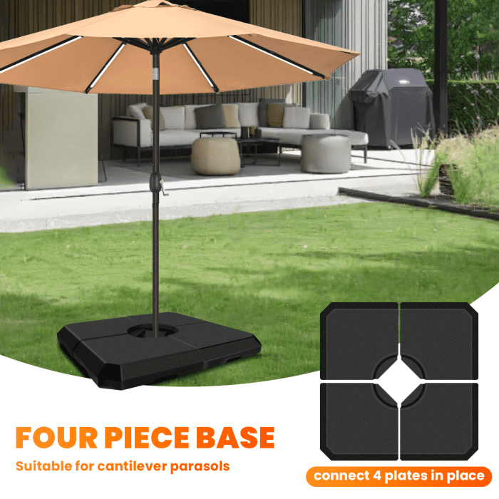 UV Protected Black HDPE Umbrella Base, 4-Piece Set, 317 LBS Heavy Duty, Easy-Fill Spouts, Umbrella Stand Base for Beach, Garden, Outdoor