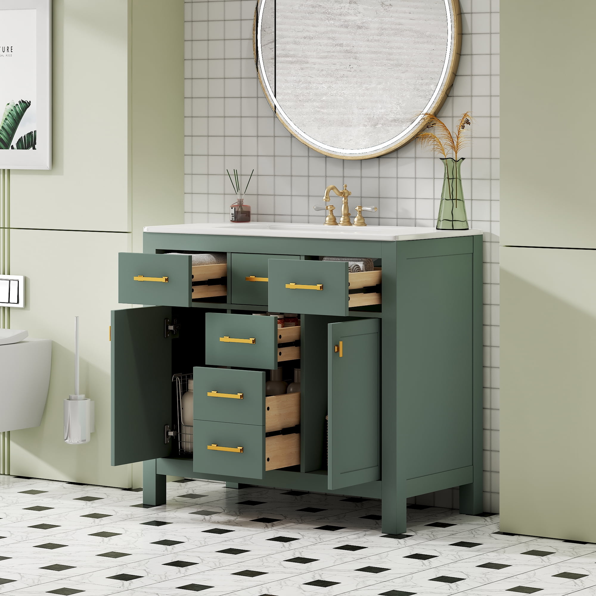Harper & Bright Designs 36" Bathroom Vanity Sink Combo, Bathroom Storage Cabinet with Drawers, Single Sink Bathroom Vanity with Solid Wood Frame, Green
