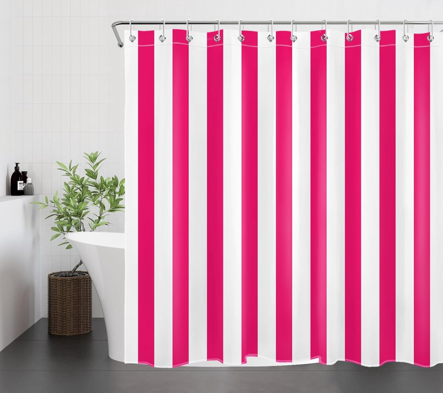 Hot Pink and White Striped Shower Curtain for Bathroom,Modern Abstract Vertical Stripe Fabric Shower Curtain with Hooks,Vintage Minimalist Bathroom Curtain Shower Set, 72" W x 84" L