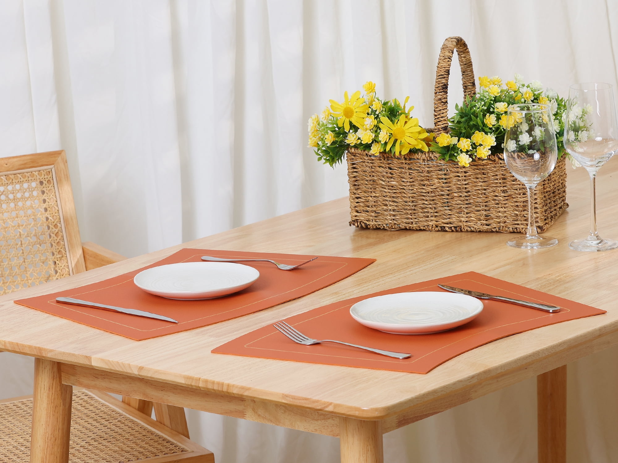 Unique Bargains Set of 6 Wedge Faux Leather Heat Resistant Wipe Clean Round Table Mats Orange
