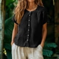 thumbnail image 2 of Women Linen Cotton Blend Button Down Crew Neck Short Sleeve Loose Fit Summer Blouse Top, 2 of 9