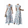 thumbnail image 3 of Women'S A Line Dress with Tie Waist Floral Print Beach Vacation Party Short Sleeve Ruffle Elegant Blue M, 3 of 7