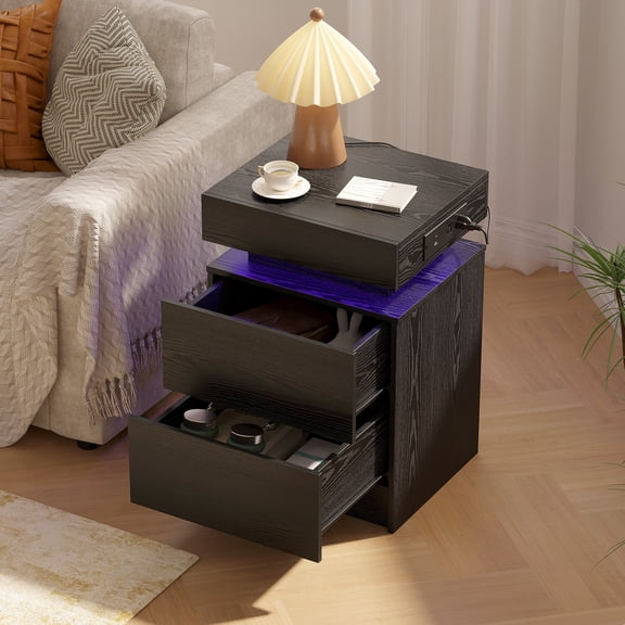 LIKIMIO Modern Nightstand with LED Lights & USB Charging Station, 2-Drawer End Table Bedside Furniture for Bedroom, Living Room & Office, Black