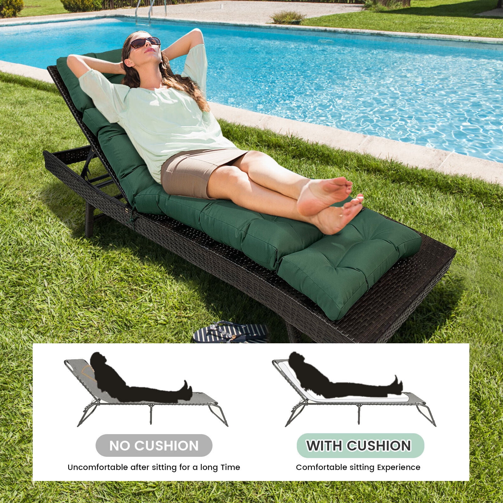JIAN YA NA Lounge Chaise Chair Cushion Set of 2, Outdoor Indoor Seating Cushions Rocking Chair Padded with Ties (Dark Green)