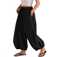 thumbnail image 6 of Wide Leg Pants for Women BWASD Casual Cotton Linen Elastic Waist Baggy Bloomers Pants Large Size Pocket Palazzo Trousers Fashion Beach Vacation 2031 Trendy (Black,L), 6 of 8