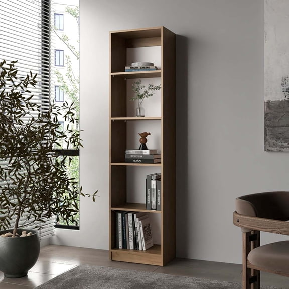 Miekor Furniture Natural Oak and White 5-Shelf Bookcase with Open Storage No4708
