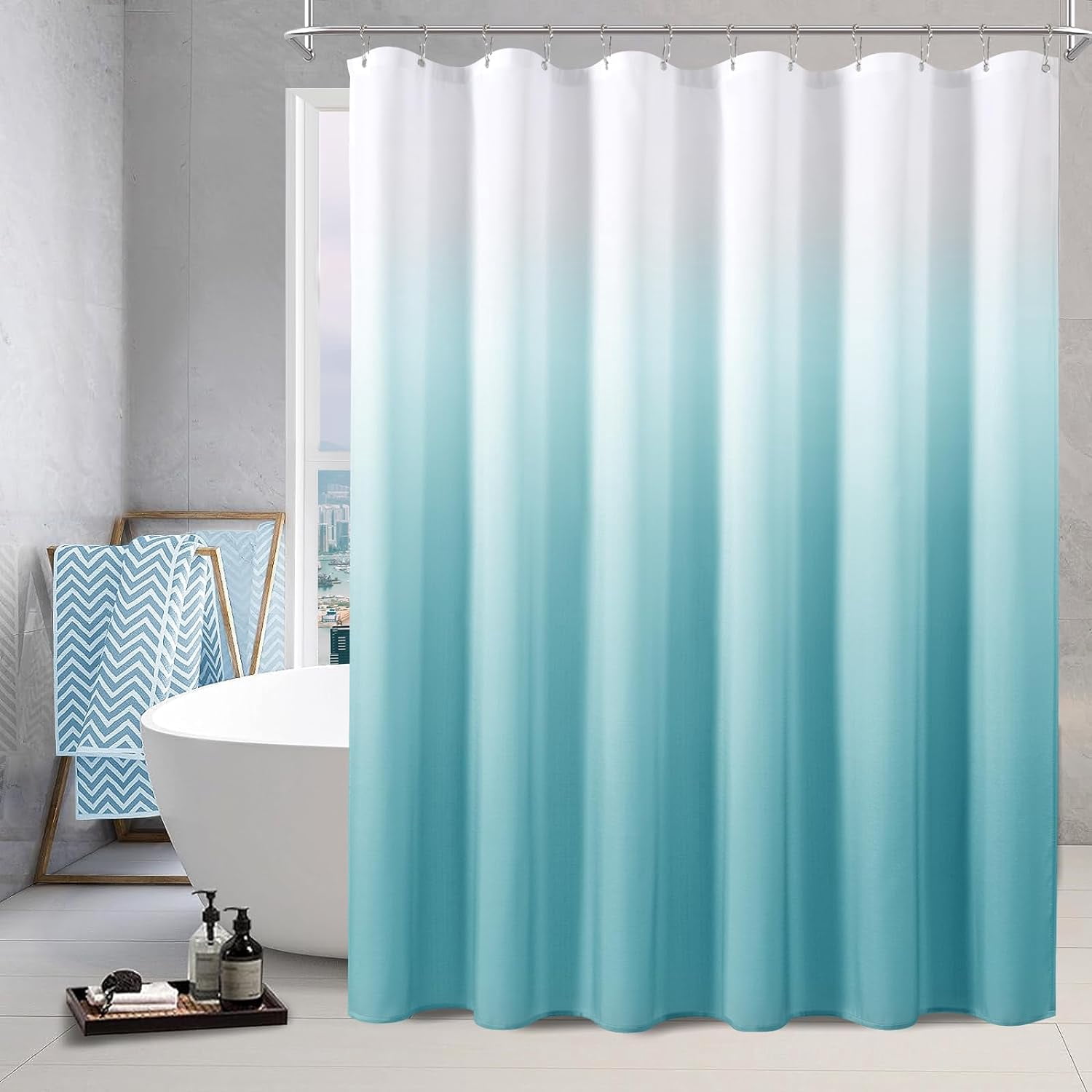 Aqua Coastal Shower Curtain for Bathoom, Teal White Ombre Coastal Pattern Design Summer Beach Mermaid Shower Curtain for Women Girls Bath Decor, Aqua Turquoise
