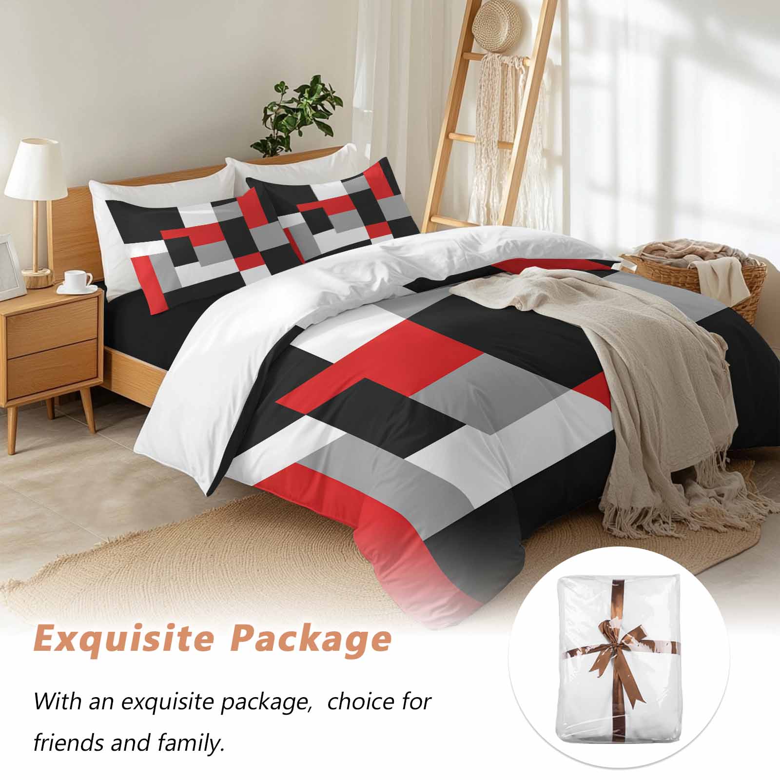 Red Black Grey Geometric Duvet Cover Set, Modern Abstract Art Luxury Soft Duvet Cover Queen Size Bedding Set 4 Pieces, 1 Quiltcover and 2 Pillowcases with Zipper, 1 Bed Sheet for All Seasons