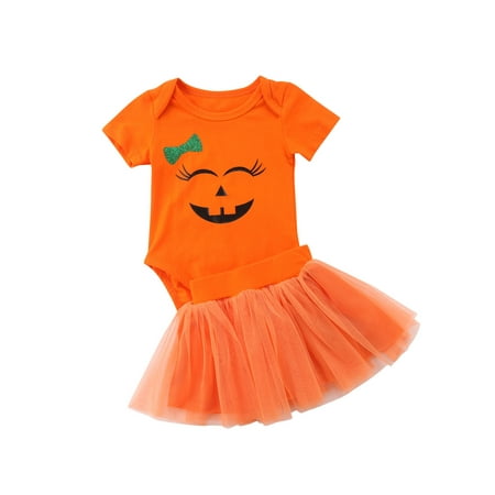 Springcmy Baby Girl Halloween Costumes Pumpkin Smiles Bodysuit Tutu