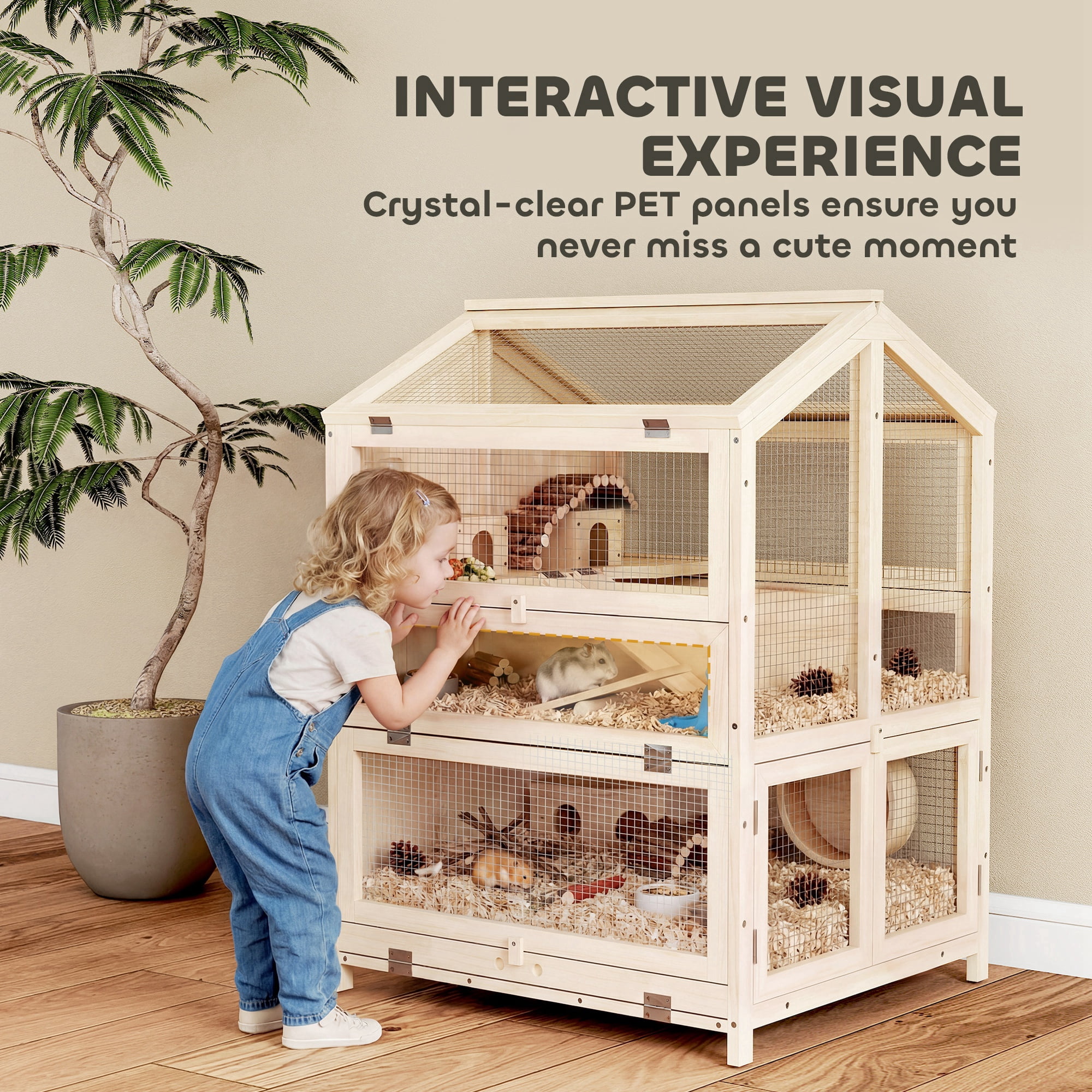 PawHut Wooden Hamster Cage, Large 3 Tier Hamster Cage with Pull-Out Tray, Hut, Seesaws, Ramps, 26.8" L x 24.2" W x 35.4" H