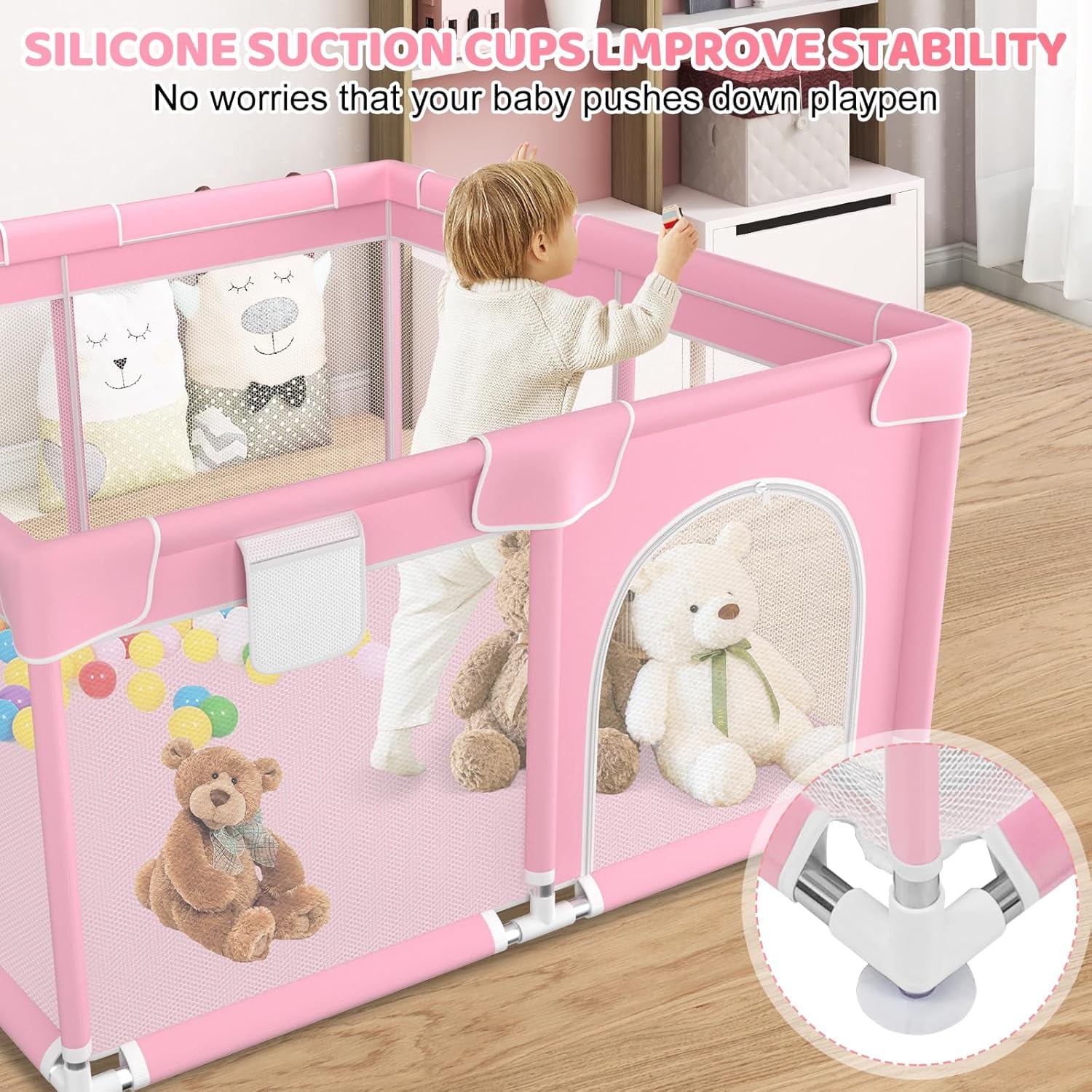 kmaier Baby Play Yards, 360° Visibility Baby Playpen, Sturdy Secure, Large Tourist Fence for Toddler-Pink